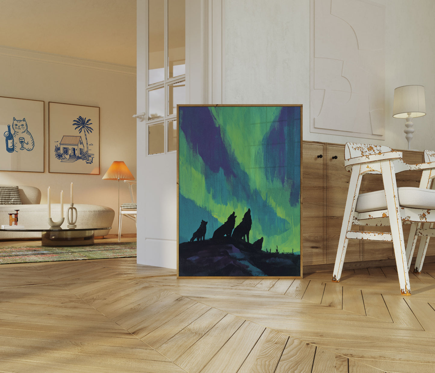 Wolves Howling Under Aurora Poster