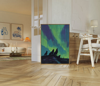 Wolves Howling Under Aurora Poster