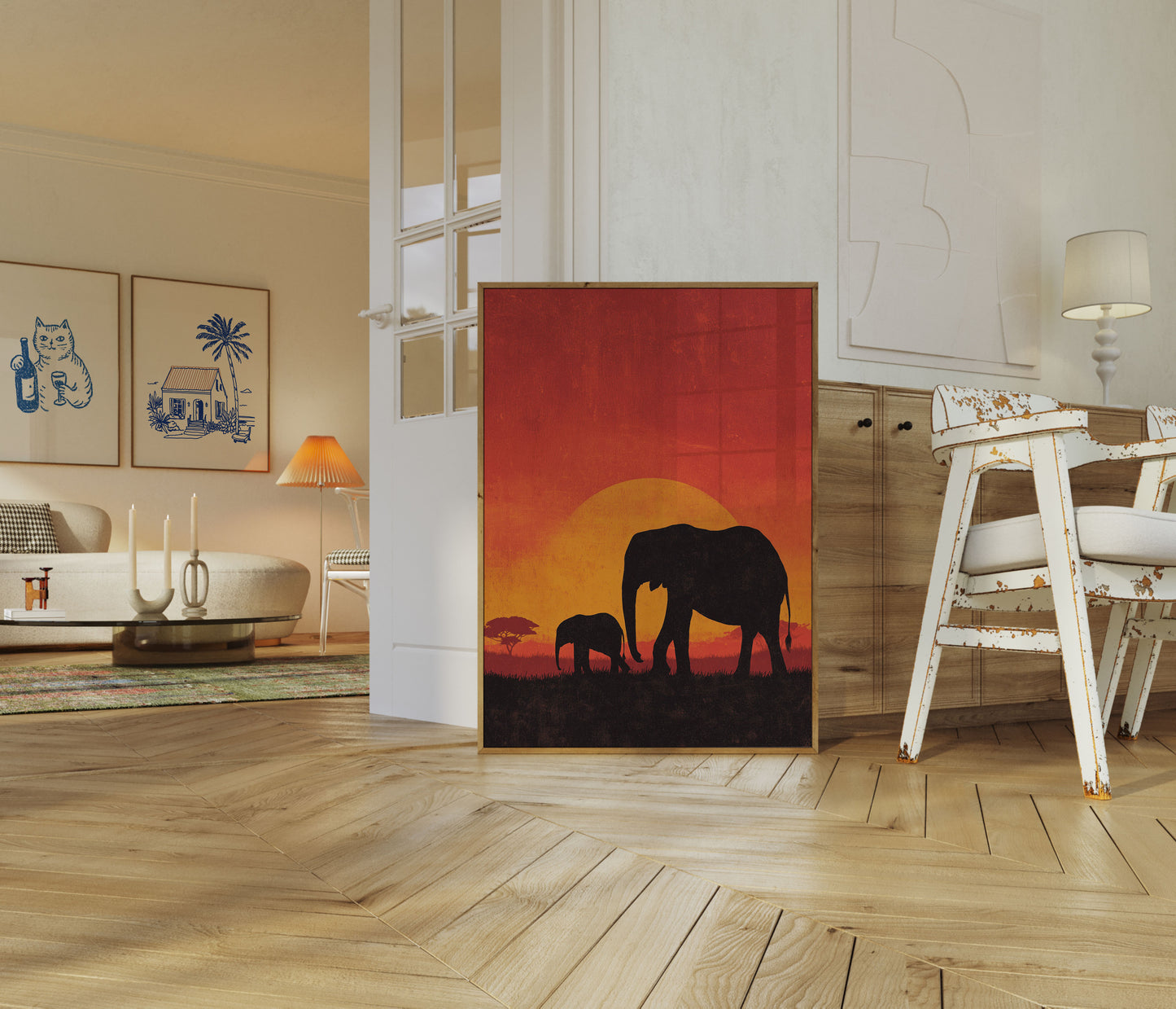 Affiche Coucher de Soleil en Famille d'Éléphants Africains