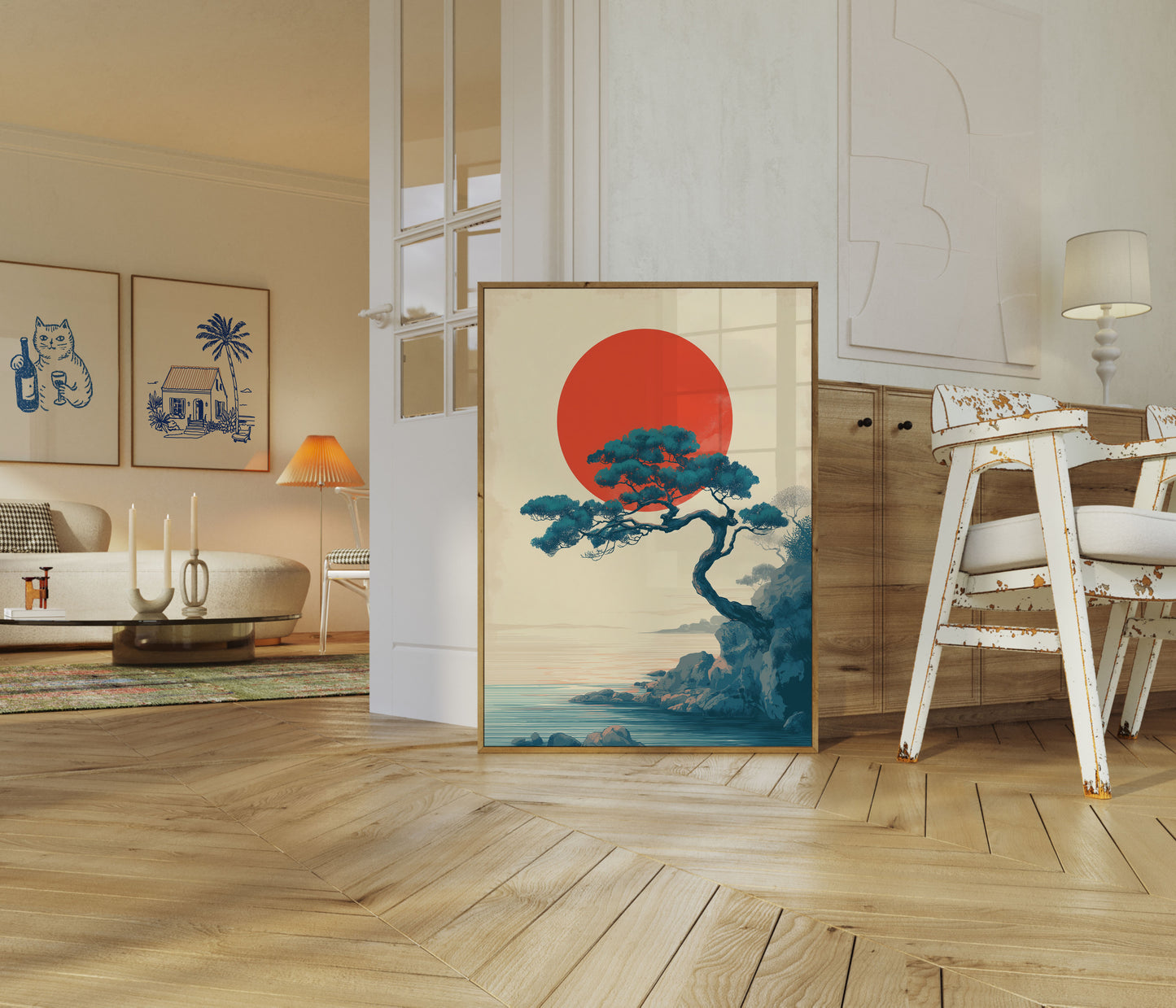 Póster de paisaje de bonsái con sol carmesí