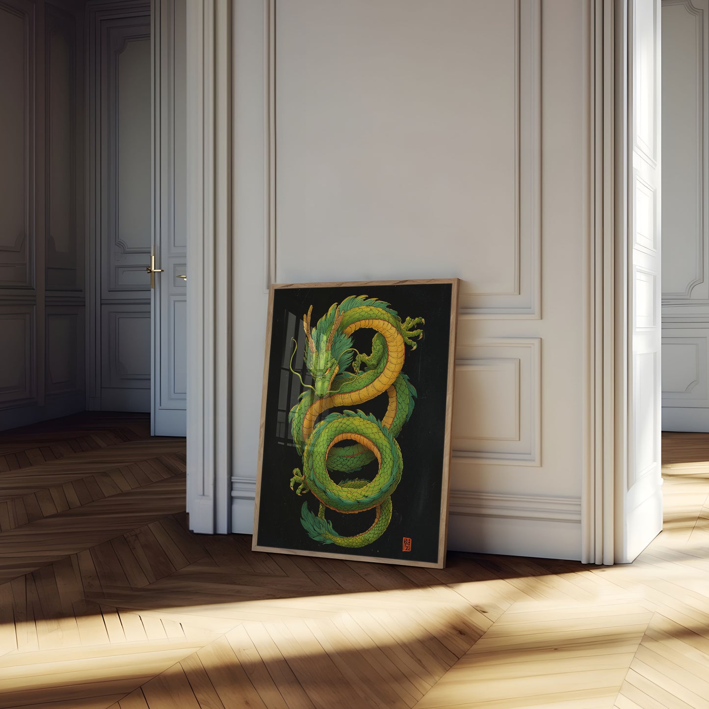 Póster de la espiral del dragón verde místico