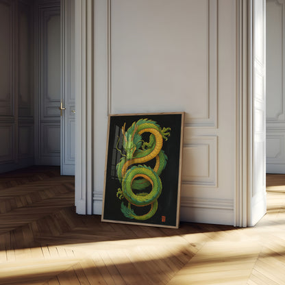 Póster de la espiral del dragón verde místico