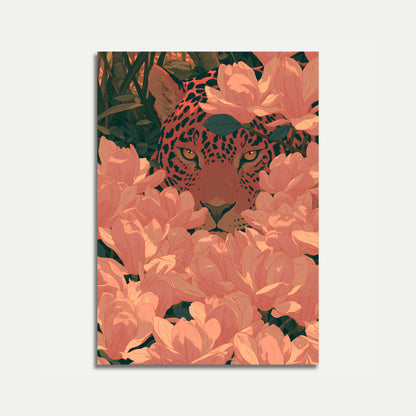 Leopard Among Pink Flowers Poster