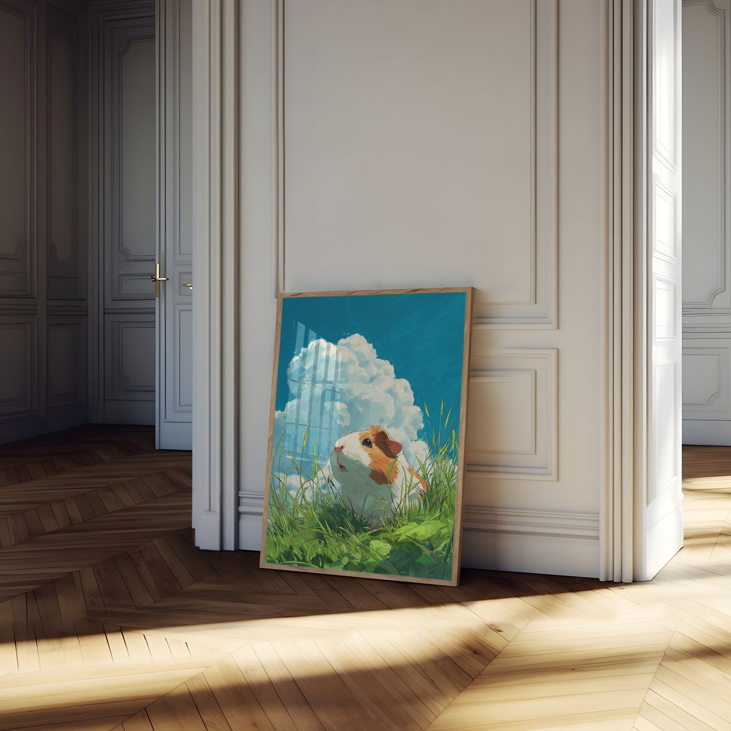 Póster de conejillo de indias con cielo nublado