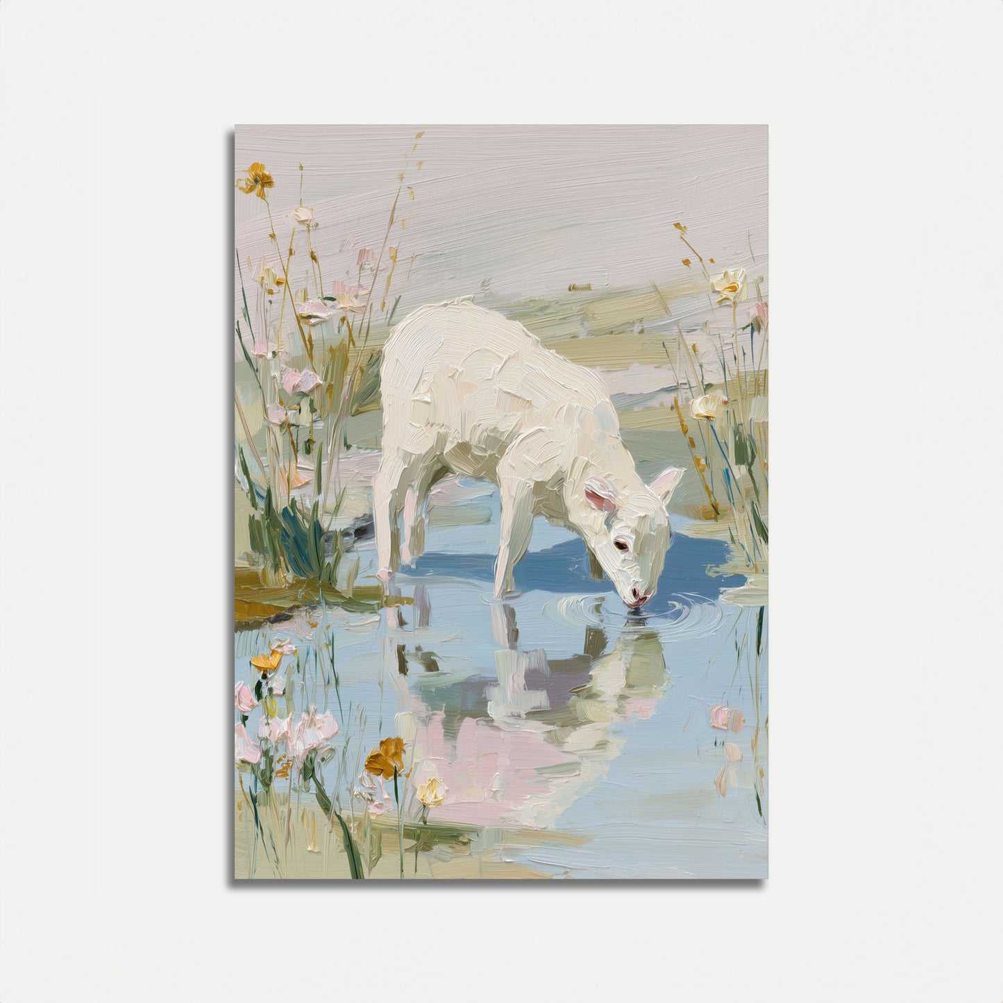 Hvidt Hjort Drikker ved Vildblomster Plakat