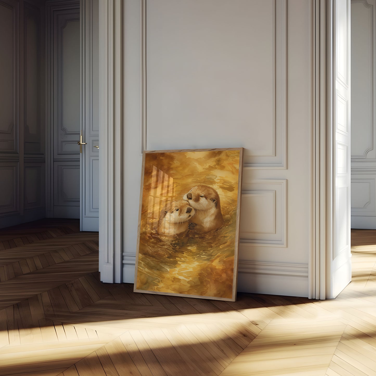 Otters in Golden Waters Poster