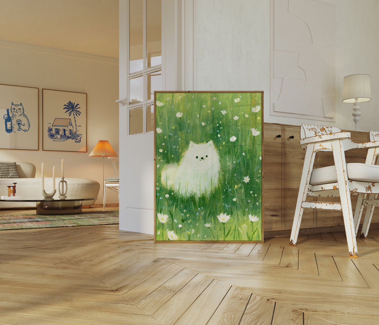 White Cat in Flower Meadow Poster