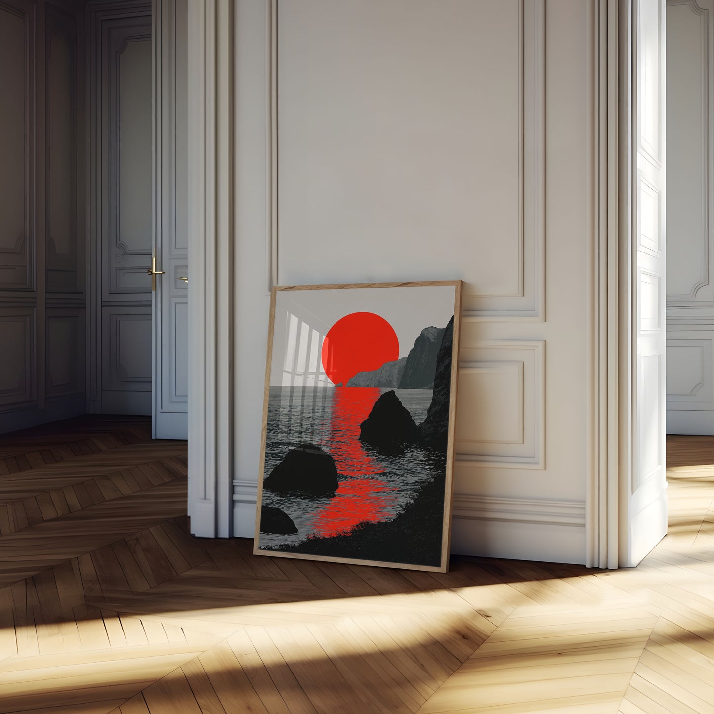 Affiche : Soleil rouge sur côte rocheuse