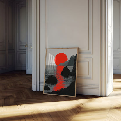 Affiche : Soleil rouge sur côte rocheuse