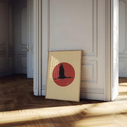 Affiche Grue Volante Soleil Rouge