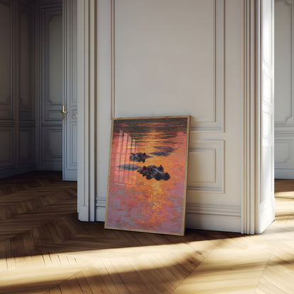 Hippos at Golden Sunset Poster