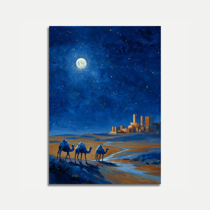 Plakát Měsícem ozářené pouštní cesty na velbloudovi