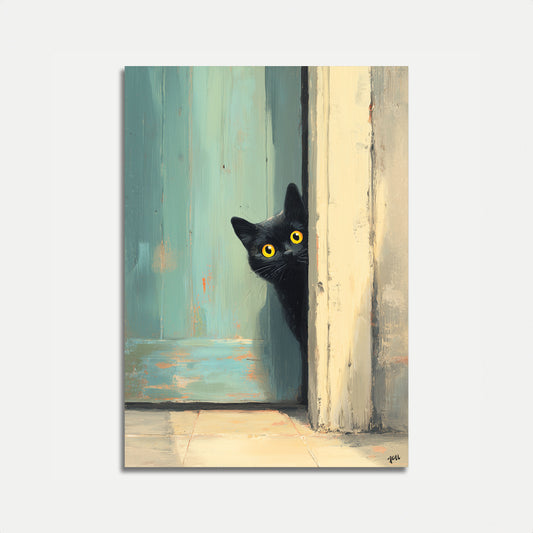 Neugierige schwarze Katze, die hereinschaut Poster
