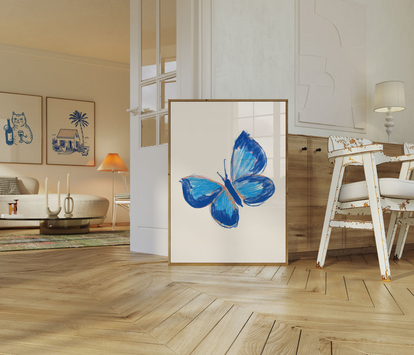 Póster de acuarela de mariposa azul