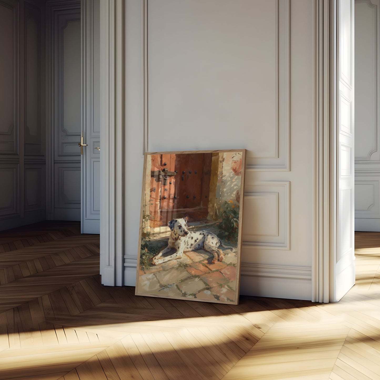 Póster de puerta dálmata iluminada por el sol