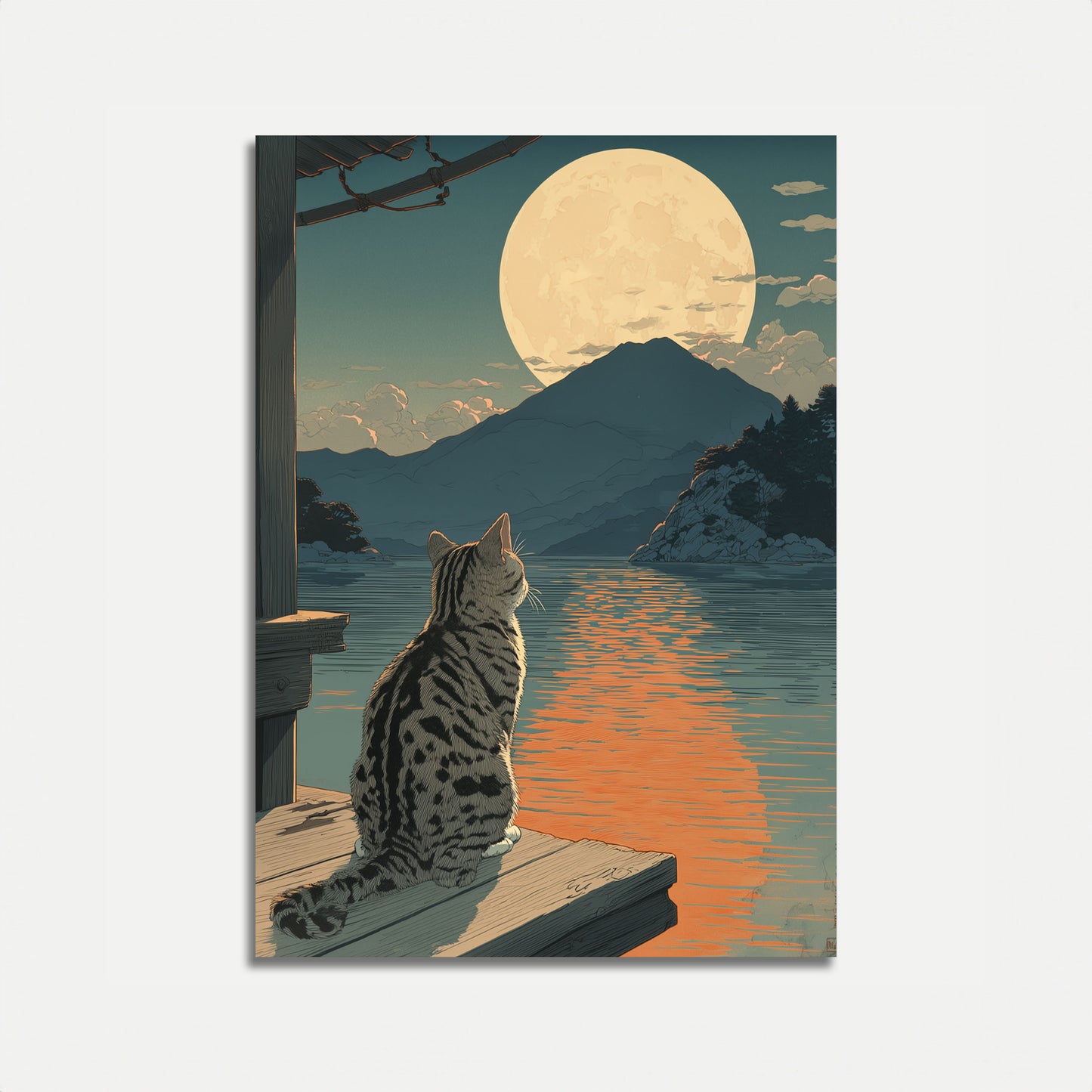 Póster de Gato, Lago Iluminado por la Luna y Montaña
