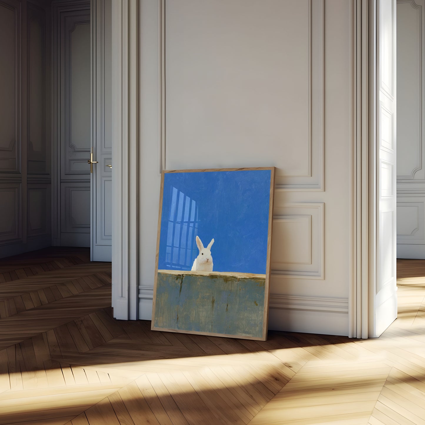 Weißer Hase auf blauem Poster
