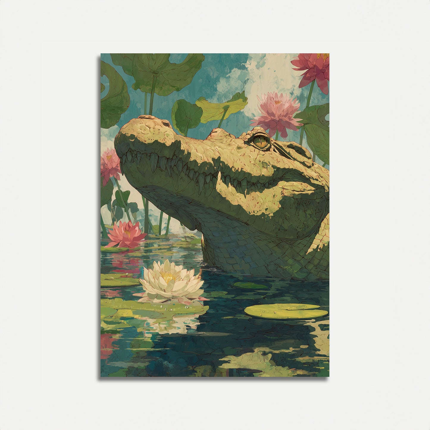 Póster de cocodrilo en aguas de loto