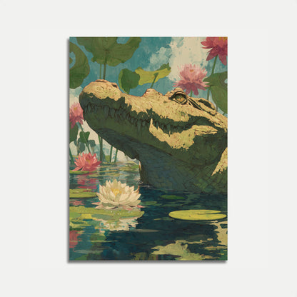 Póster de cocodrilo en aguas de loto