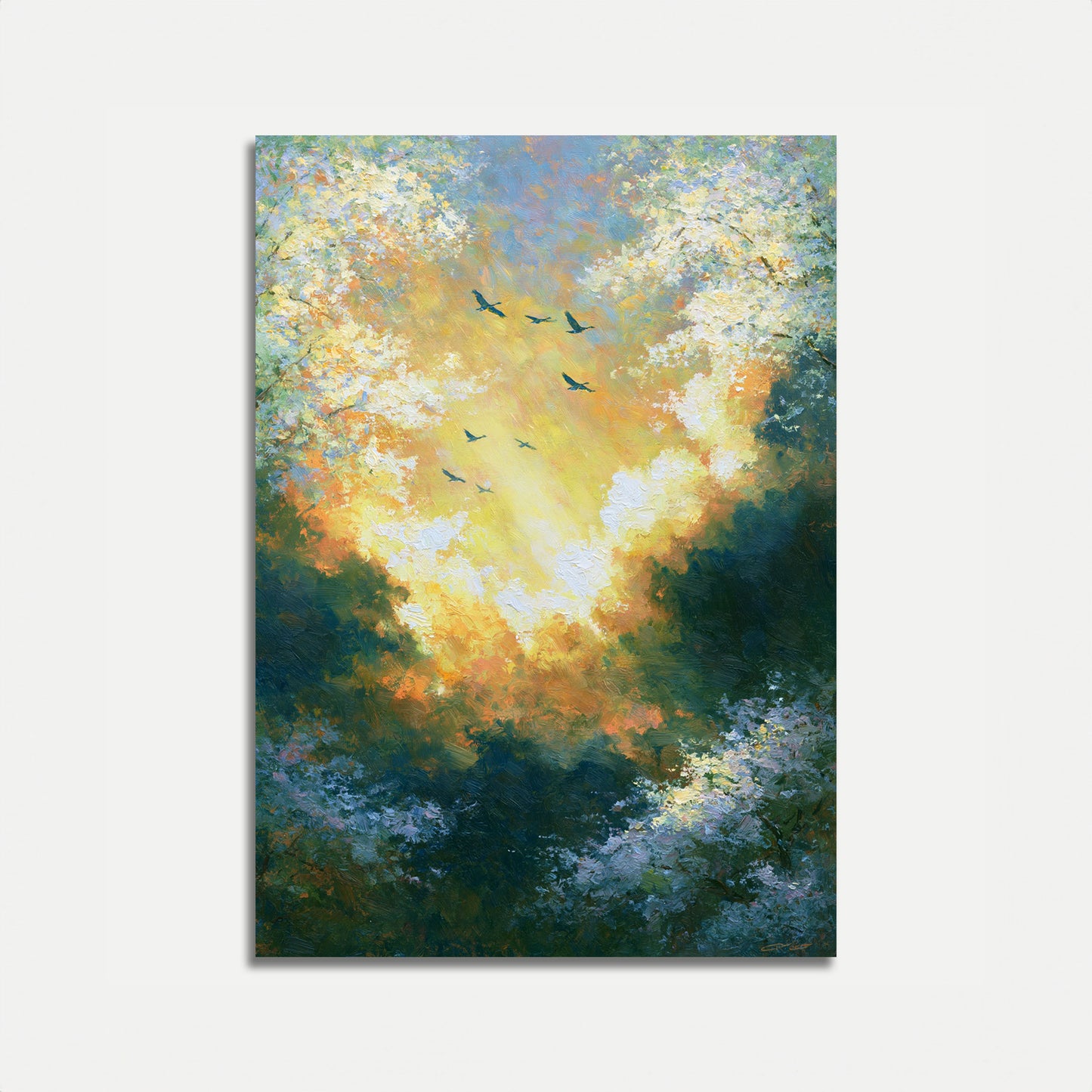 Póster de Pájaros Volando por el Cielo Dorado