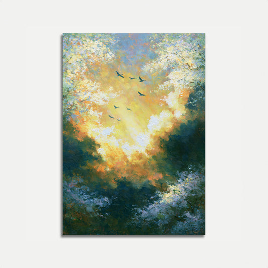 Poster: Uccelli in volo nel cielo dorato