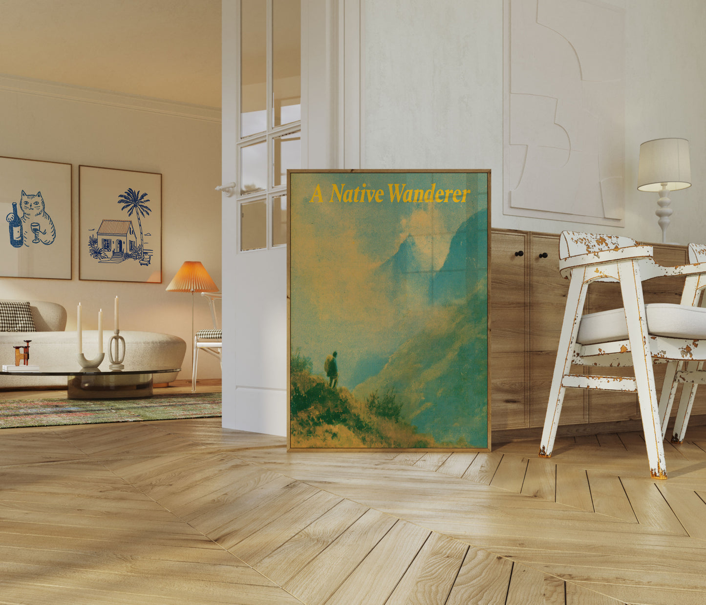 Poster escursionista montagna guarda valle