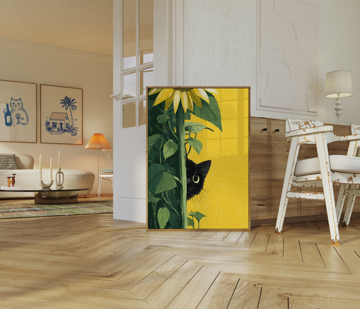 Black Cat Among Sunflowers Poster