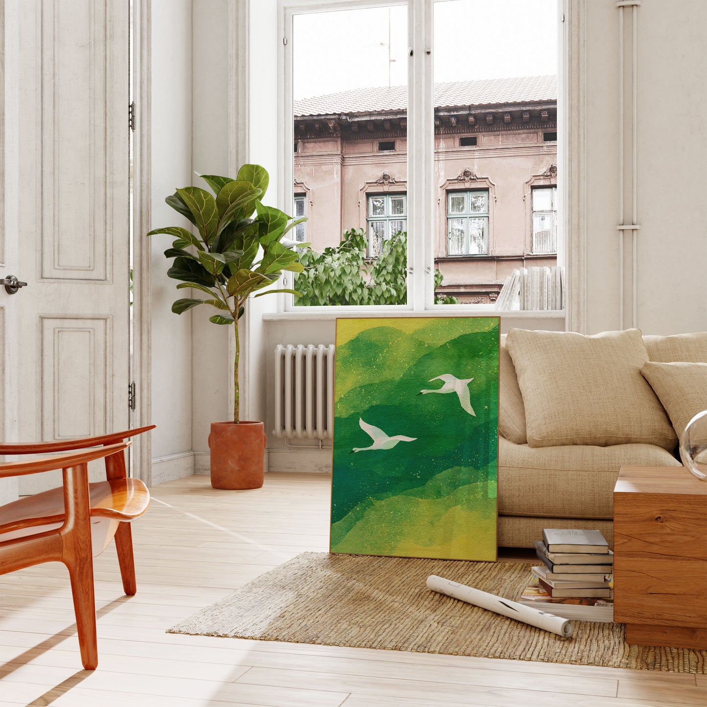 Flying Swans Over Green Waters Poster