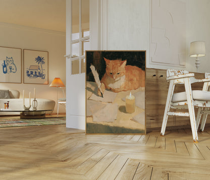 Orange Cat Writing by Candlelight Plakat