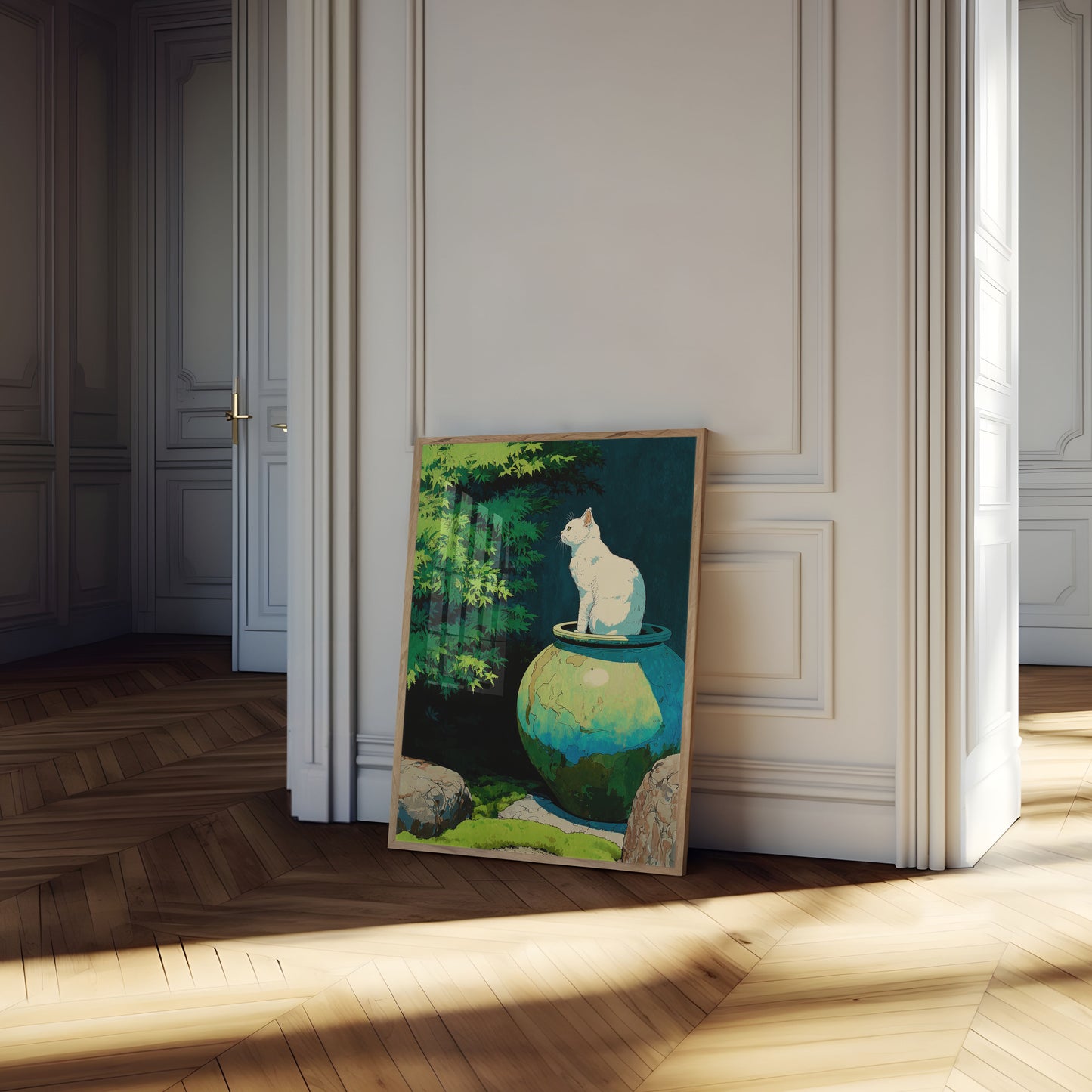 White Cat on Earthen Pot Poster
