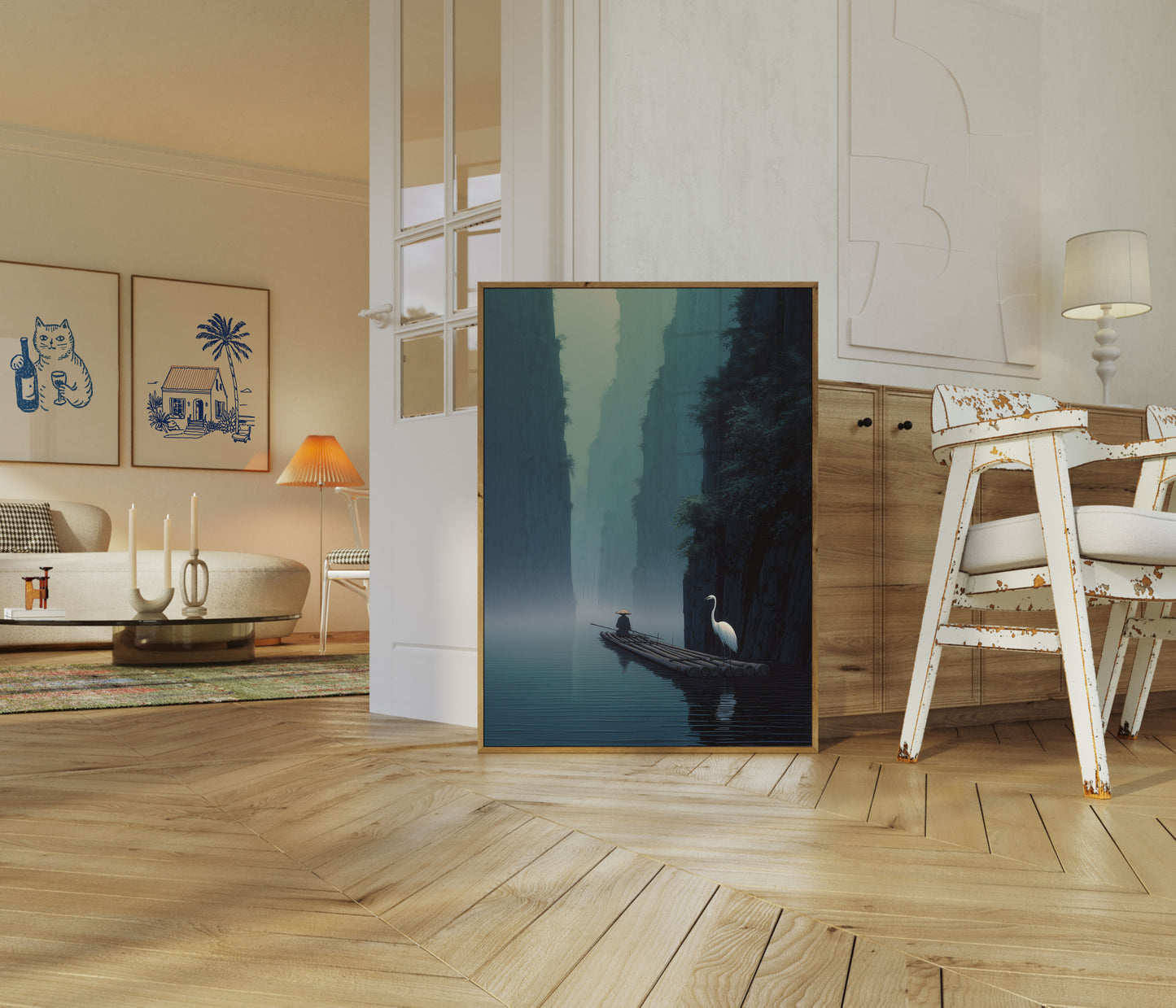 Misty Canyon Bamboo Raft Poster