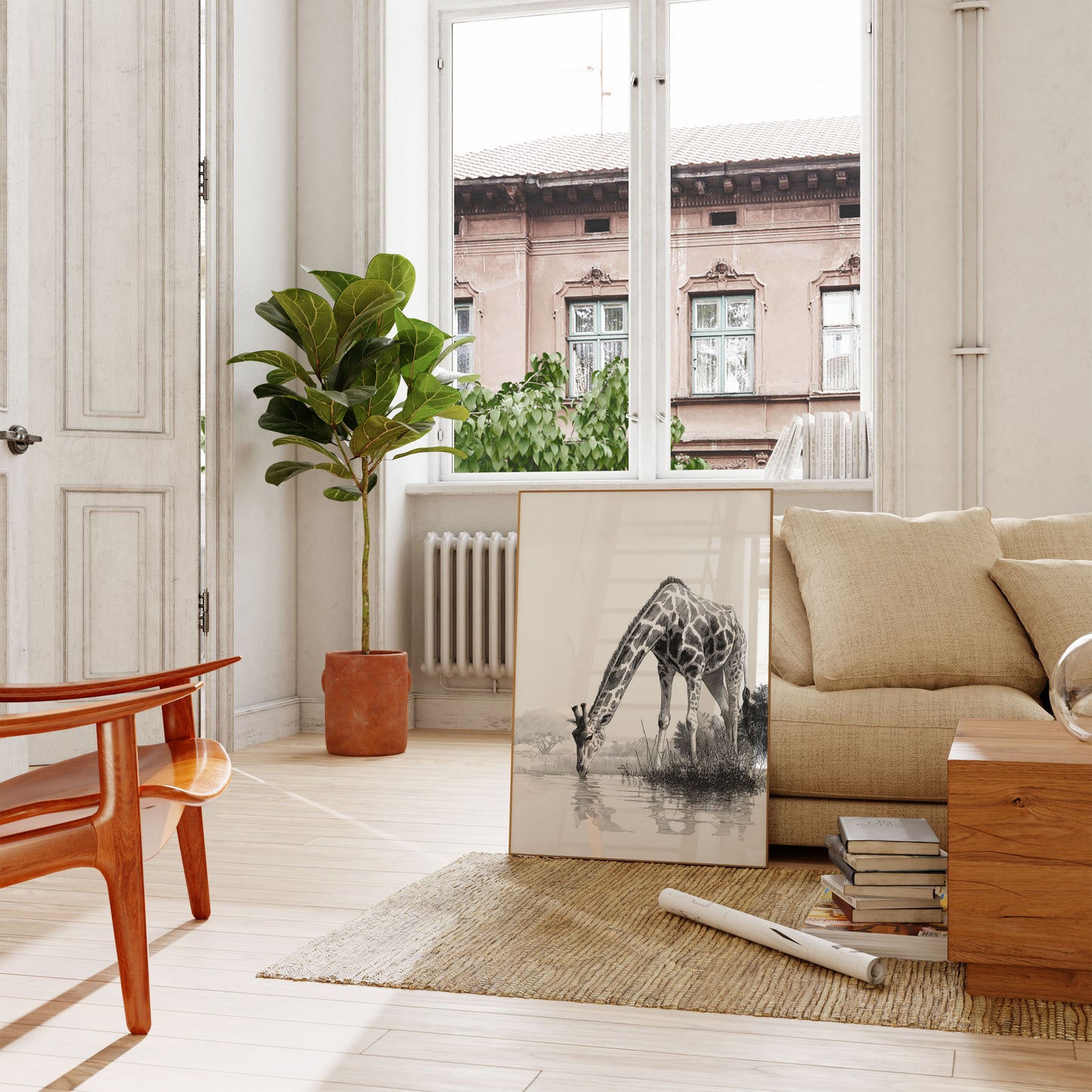 Elegant Drinking Giraffe Poster