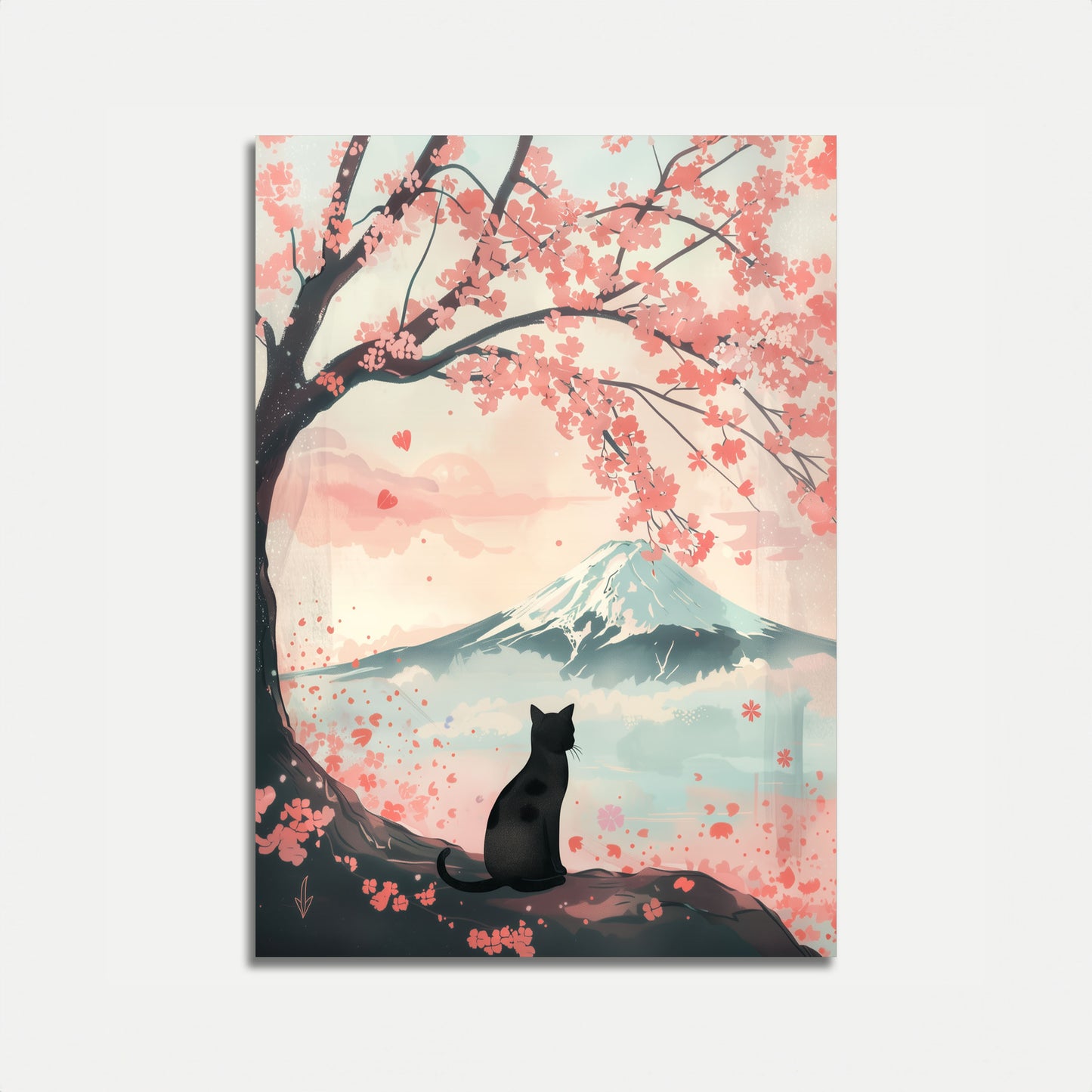 Póster del Monte Fuji con un gato sereno