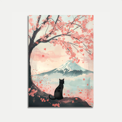 Póster del Monte Fuji con un gato sereno