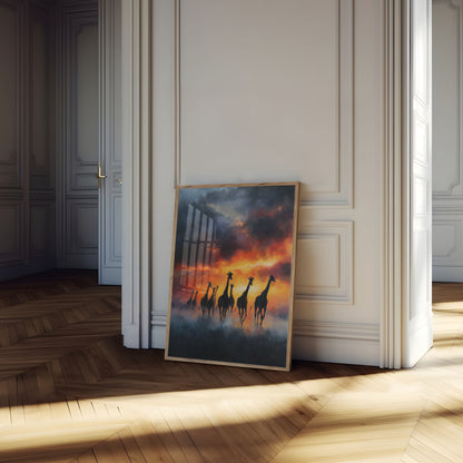 Girafas em Fogo do Pôr do Sol Pôster