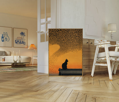 Kat der ser fugle ved solnedgang plakat