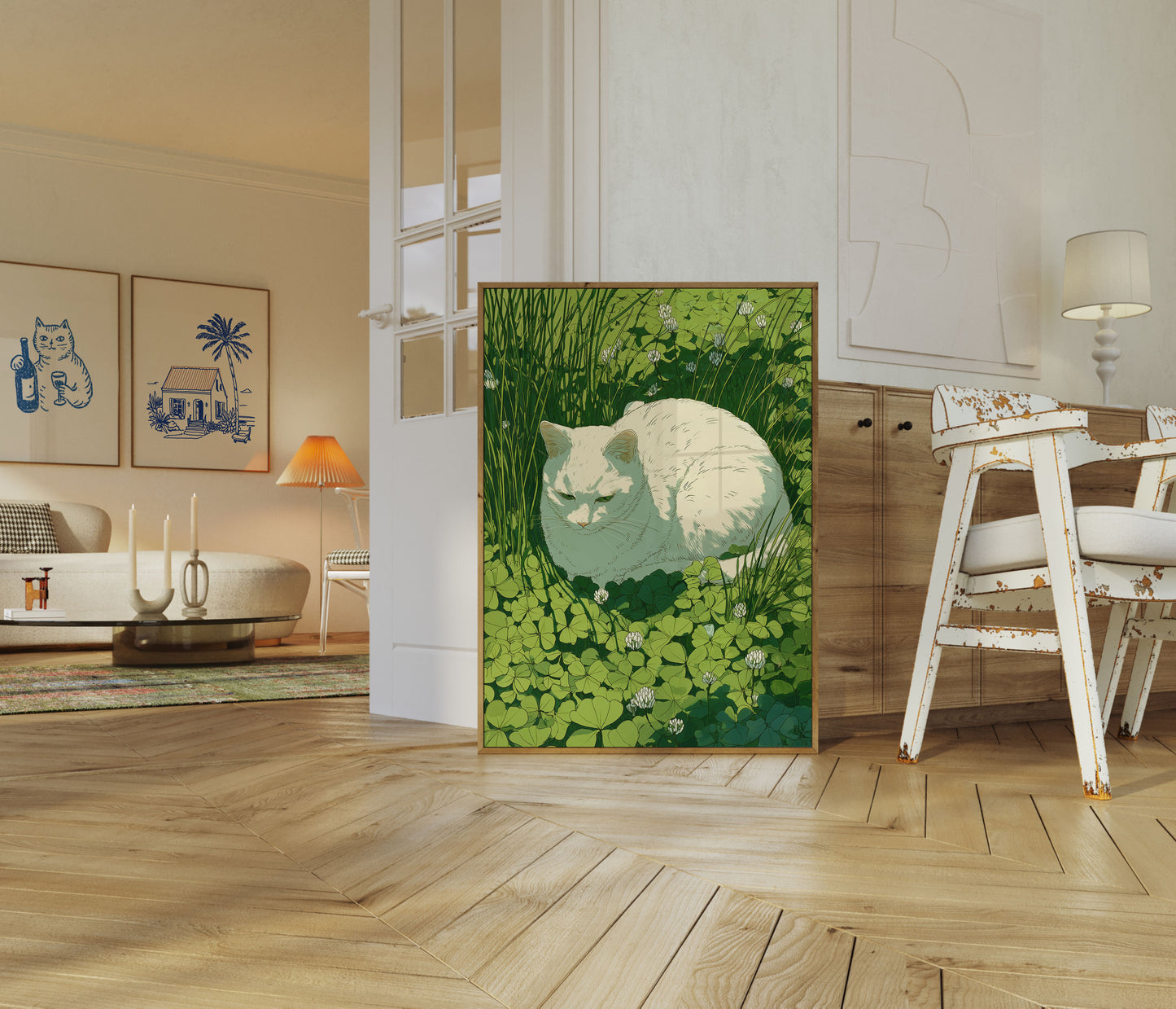 Hvid kat i kløvermark plakat
