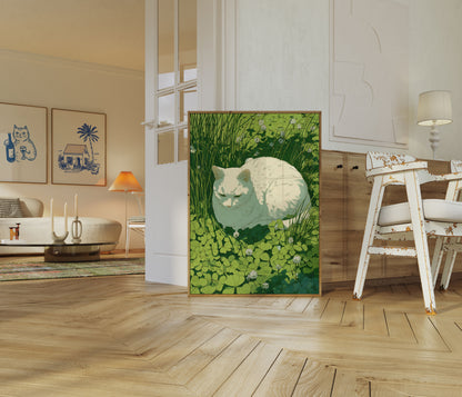 Hvid kat i kløvermark plakat
