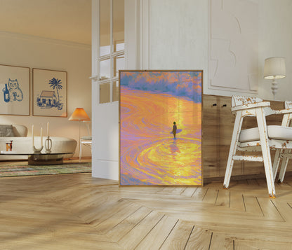 Surfer beobachtet goldenen Sonnenuntergang Poster