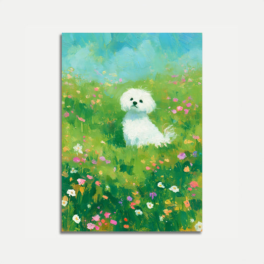 Witte Puppy in Bloemenweide Poster