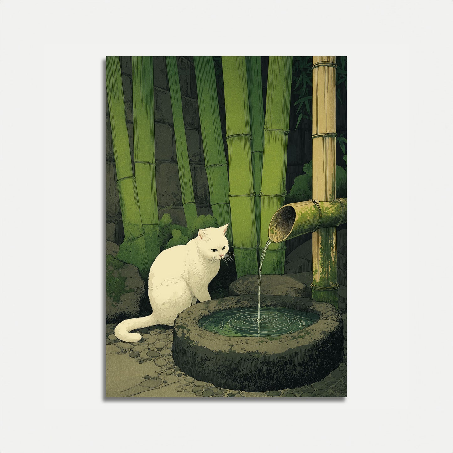 Poster Gatto Bianco presso il Ruscello di Bambù