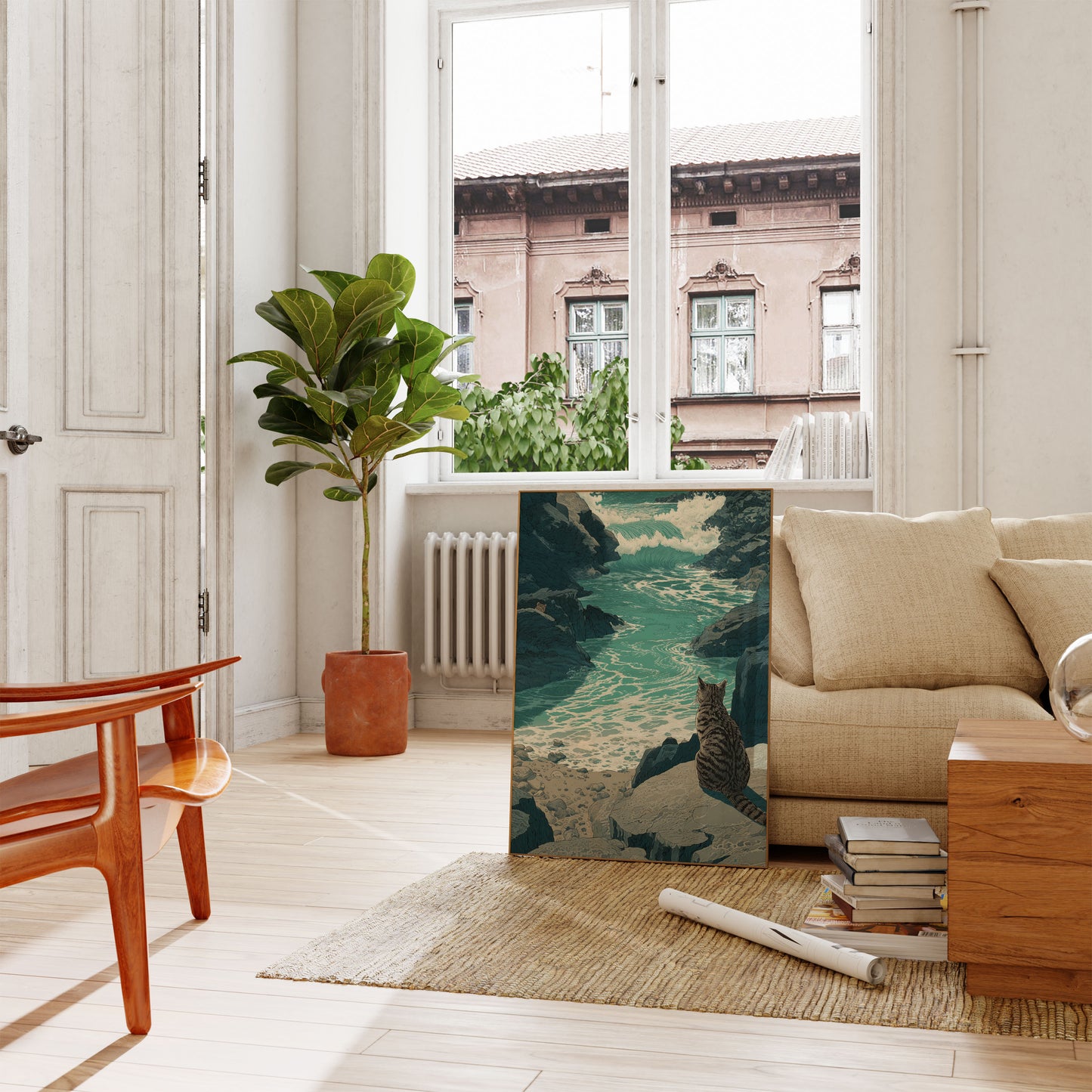 Affiche Chat Regardant les Vagues de l'Océan