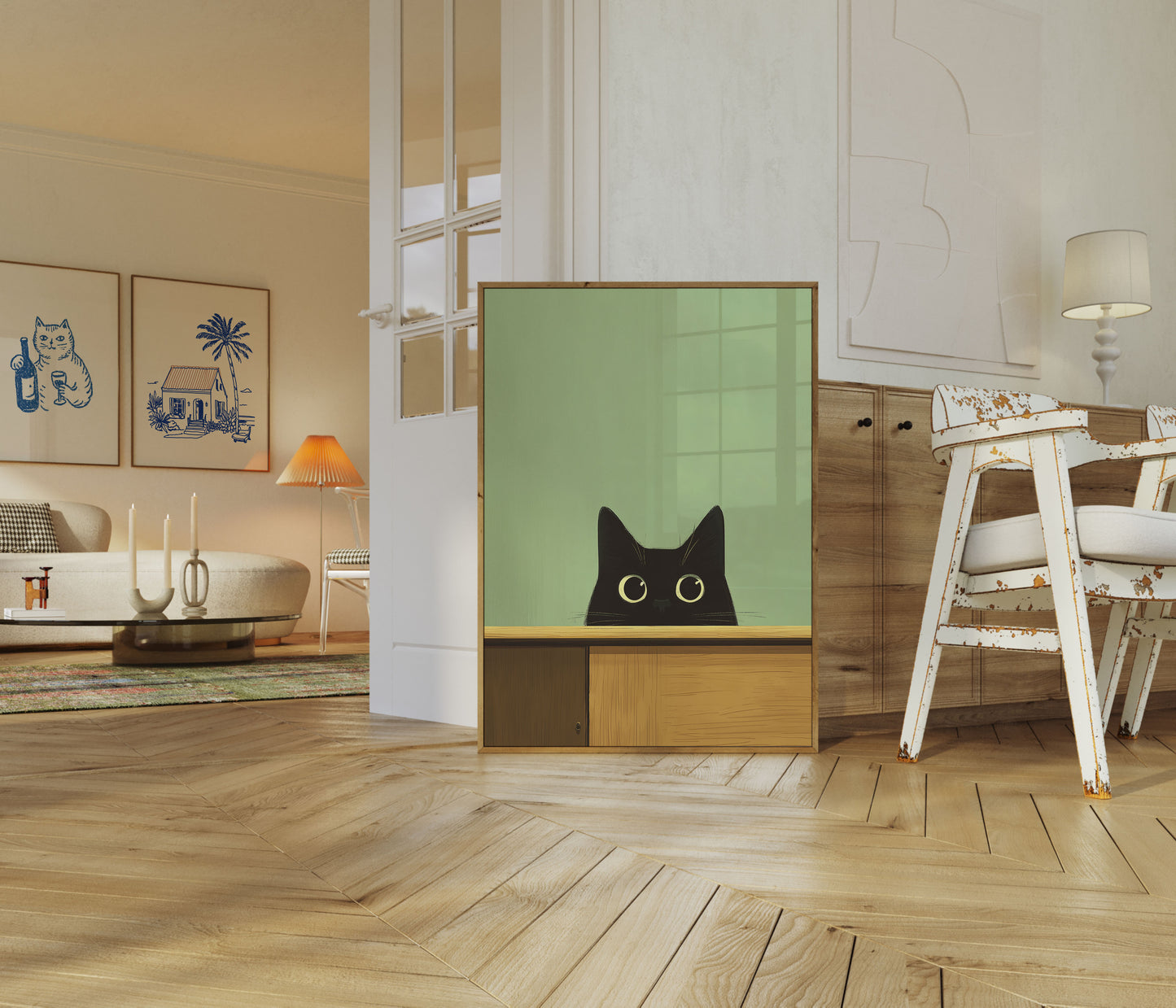 Neugierige schwarze Katze, die hervorlugt Poster