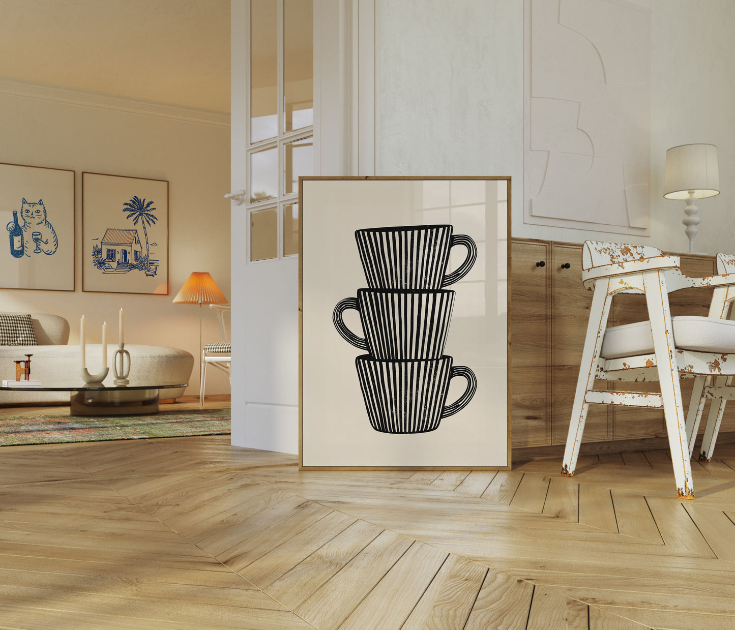 Gestapelte Kaffeetassen Strichzeichnung Poster