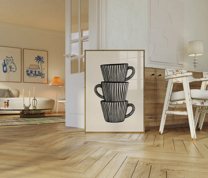 Gestapelte Kaffeetassen Strichzeichnung Poster