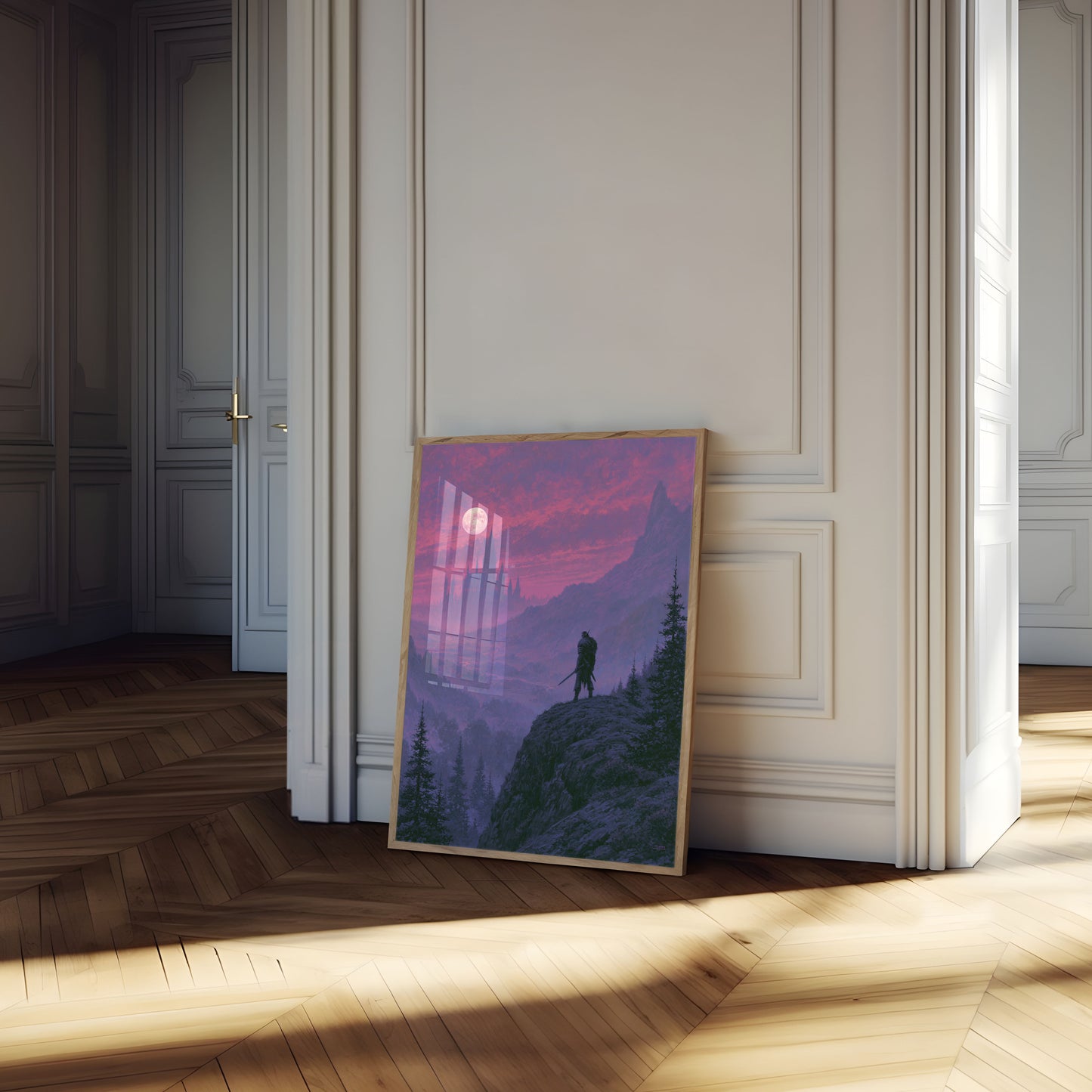Krieger blickt auf Fantasy-Schloss-Poster