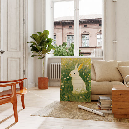 Affiche : Lapin Blanc dans une Prairie Fleurie