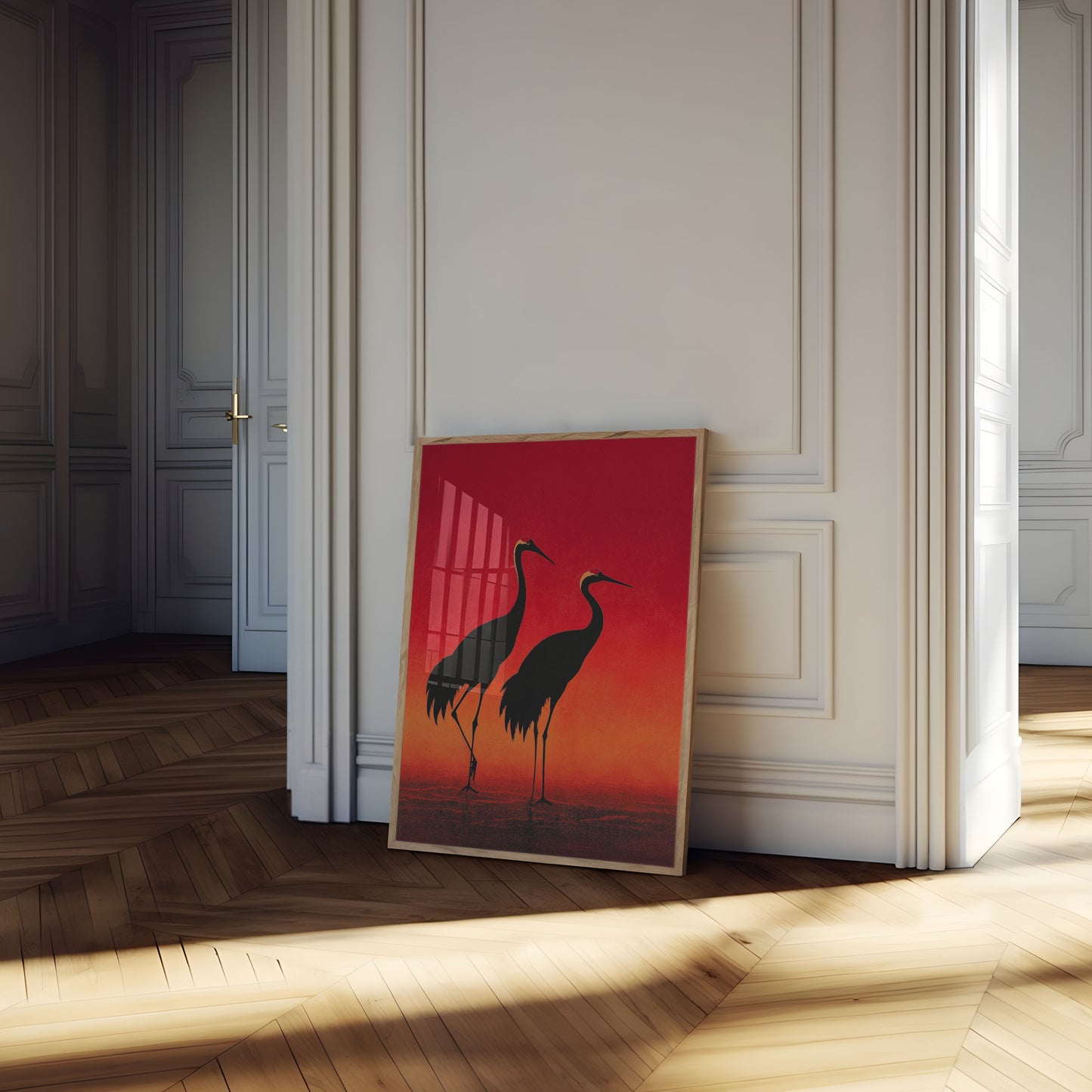 Affiche Grues au Coucher du Soleil