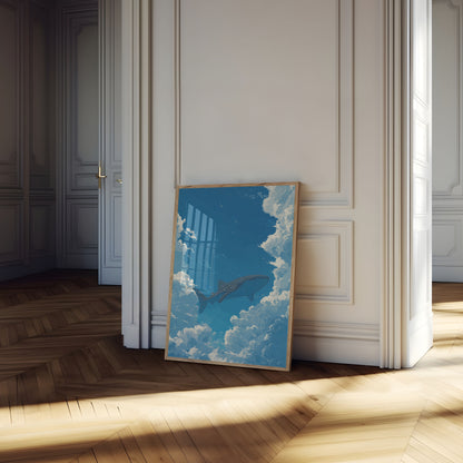 Póster de tiburón ballena en cielos nublados