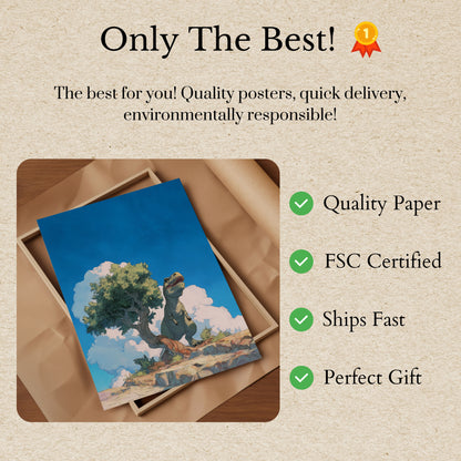 Póster de dinosaurio y árbol antiguo